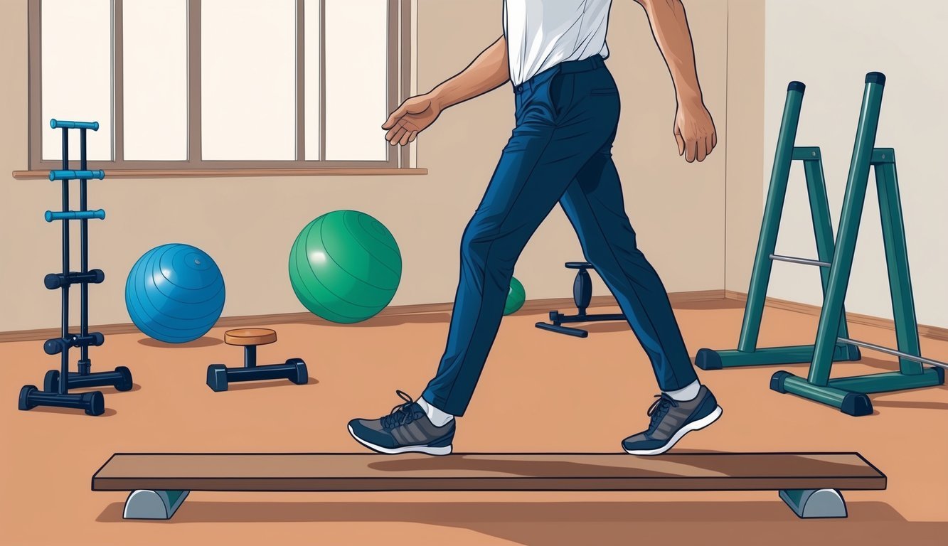 A person walking heel-to-toe on a narrow beam, surrounded by various exercise equipment for improving balance and coordination