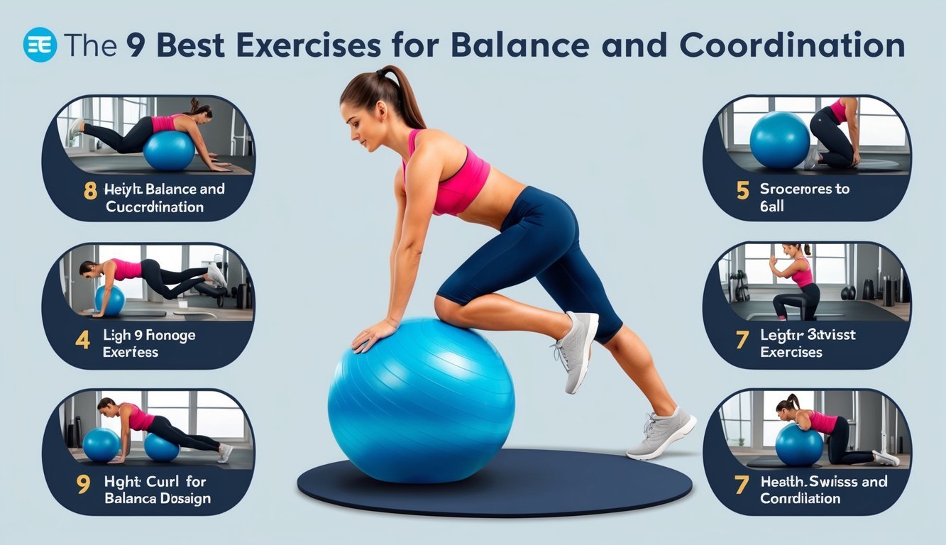 A person using a Swiss ball to perform a leg curl, surrounded by images of the 9 best exercises for balance and coordination