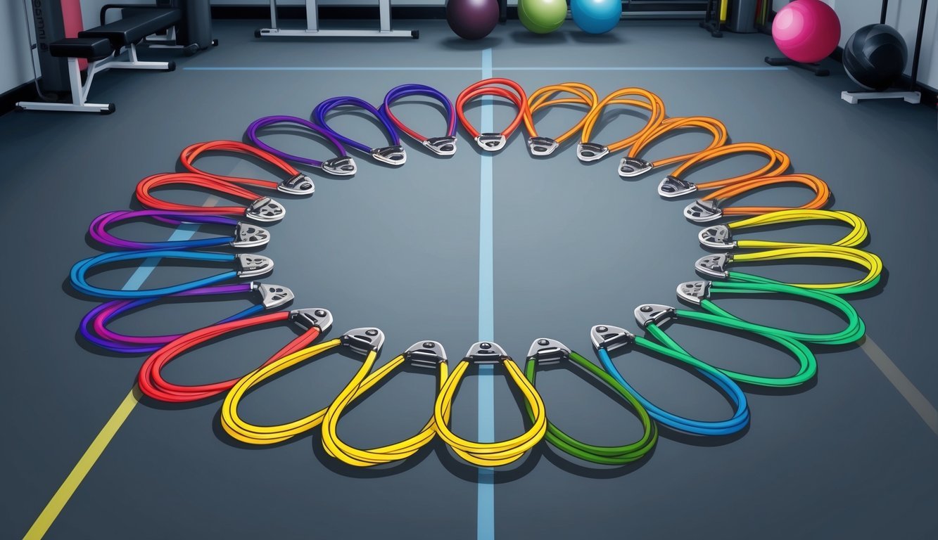 A collection of colorful skipping ropes arranged in a circle on a gym floor, with various exercise equipment in the background