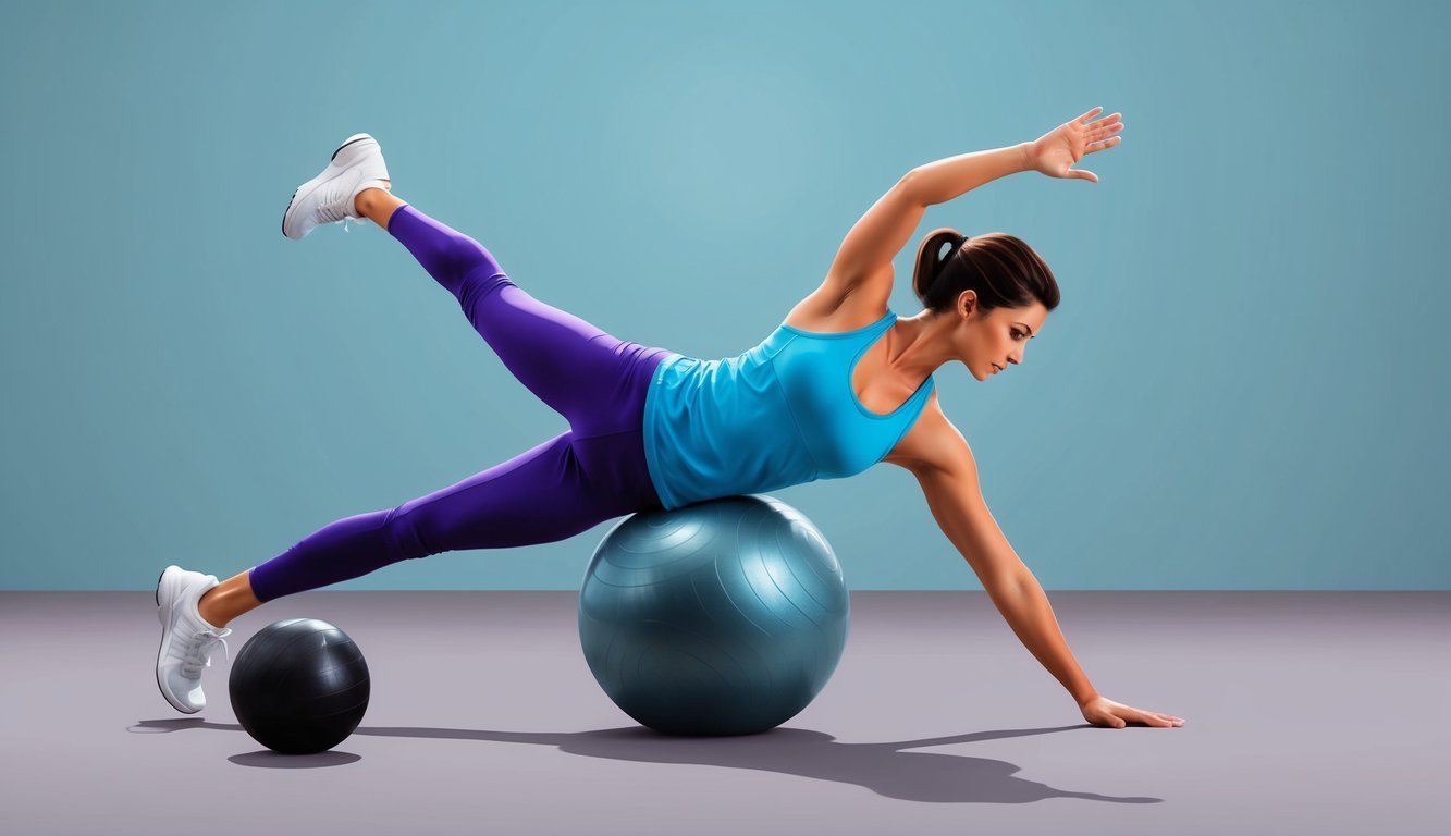 A person balancing on one leg on a stability ball while reaching for a medicine ball on the ground