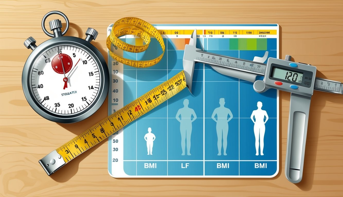 A stopwatch and measuring tape next to a set of calipers and a BMI chart