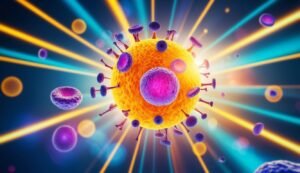 Illustration of a virus with spikes, surrounded by glowing lines and cells