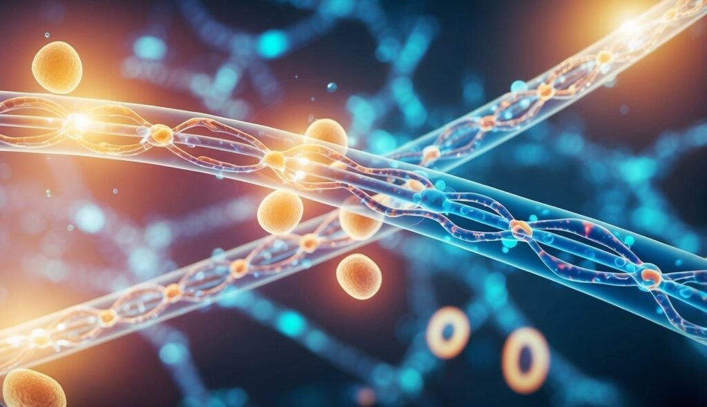 Illustration of nerve cells with myelin sheaths and surrounding cells