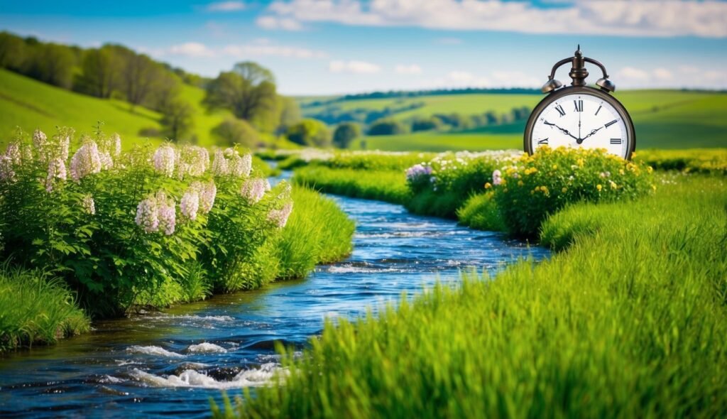 Clock in a field with a stream, flowers, and green grass