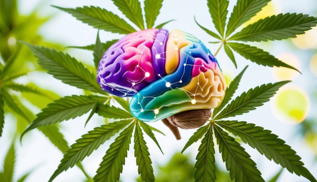 Colorful brain illustration surrounded by cannabis leaves, with neural network connections