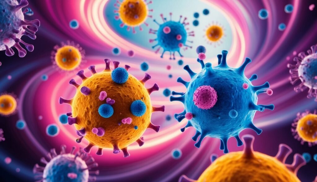 Colorful illustration of viruses with spiky protrusions, floating in space