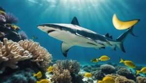 A large shark swims near coral and yellow fish in the ocean