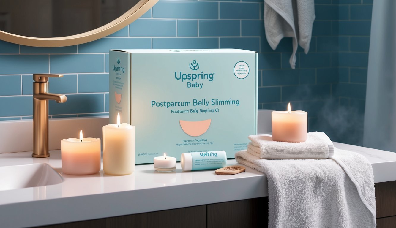 A serene bathroom scene with the Upspring Baby Postpartum Belly Slimming Kit displayed on the counter, surrounded by soothing candles and a plush towel