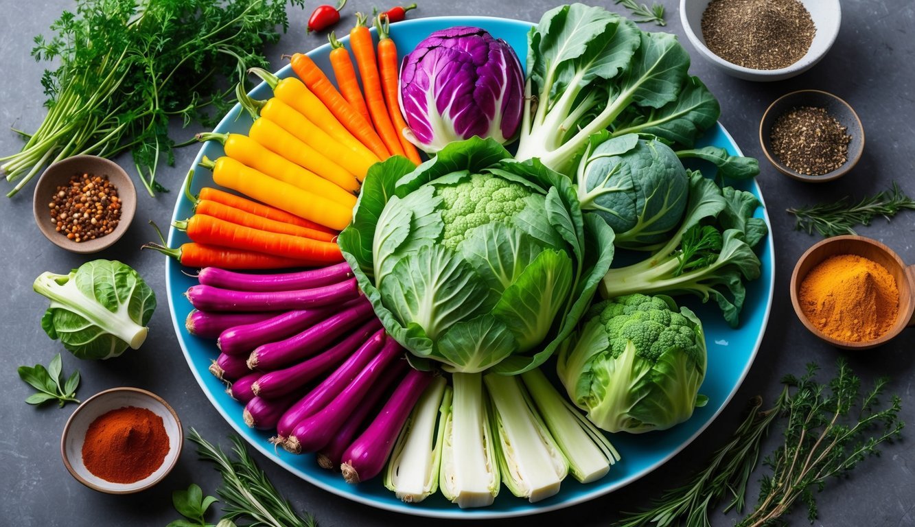 A colorful array of cruciferous vegetables arranged on a plate, surrounded by various herbs and spices