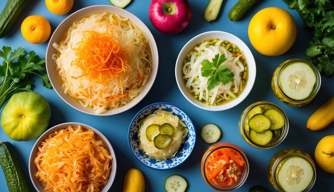 A table set with a variety of fermented foods like sauerkraut, kimchi, and pickles, surrounded by colorful fruits and vegetables