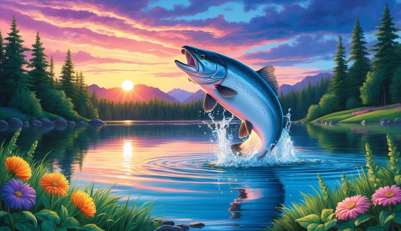 A serene lake with a vibrant sunset, where a majestic salmon leaps out of the water, surrounded by lush greenery and colorful flowers