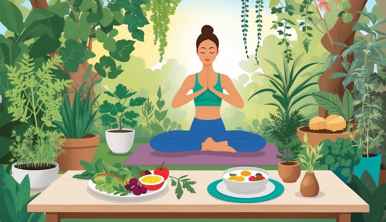 A serene garden with various plants and herbs, a woman practicing yoga, a balanced meal on a table, and a peaceful atmosphere